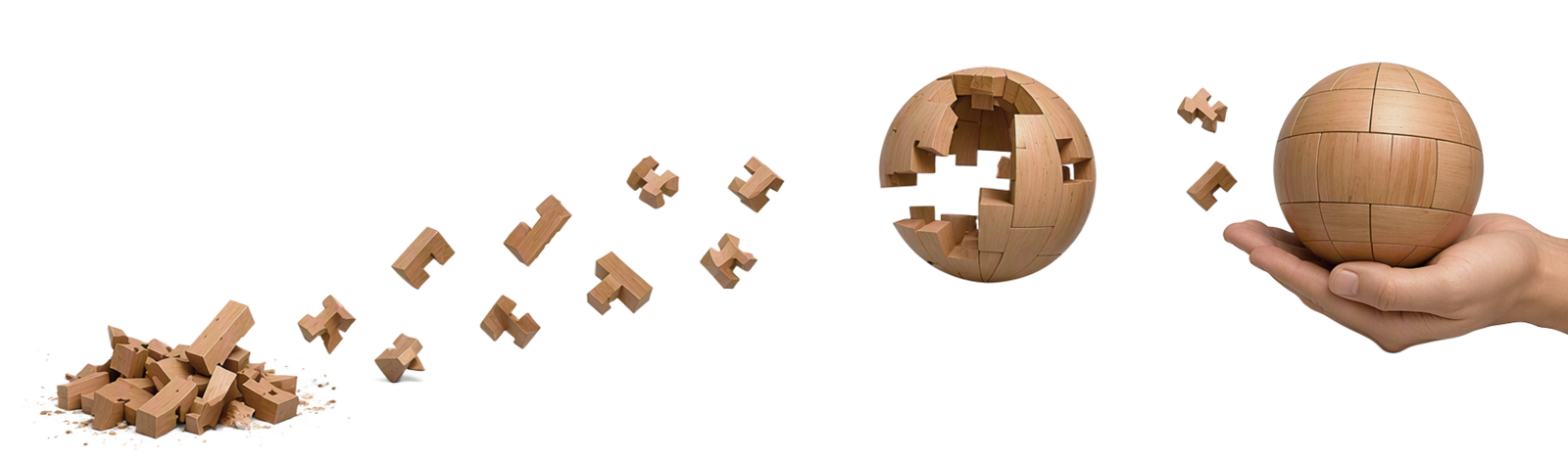 Vom losen Haufen Holzteile über die sich zusammenfügenden Puzzleteile bis zur fertigen Holzkugel in der Hand